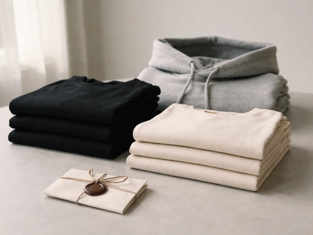Close-up of Bandit Basics merch items laid on a simple studio table with a small branded tag