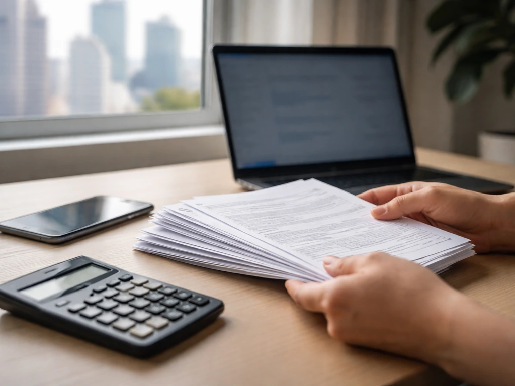 Hands reviewing anonymous documents and laptop with calculator on a desk near a window skyline