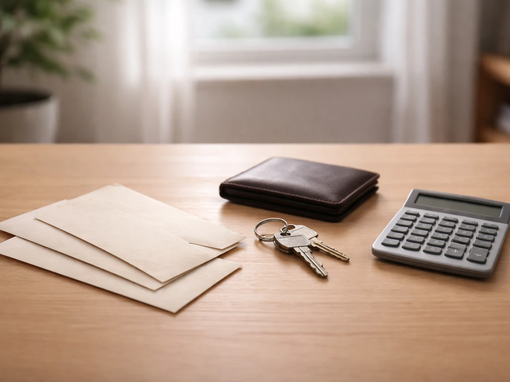 Minimal photo of a checklist-style set of empty envelopes and a house key on a desk with a calculator