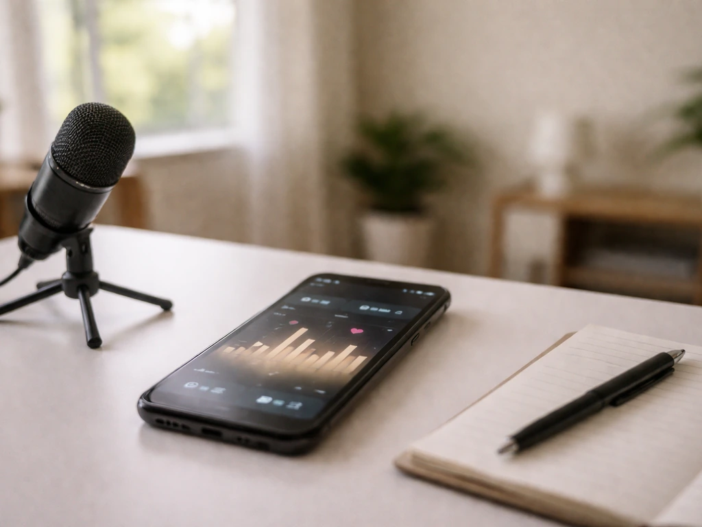 Smartphone on a desk showing blurred social media analytics visuals, with a microphone nearby.