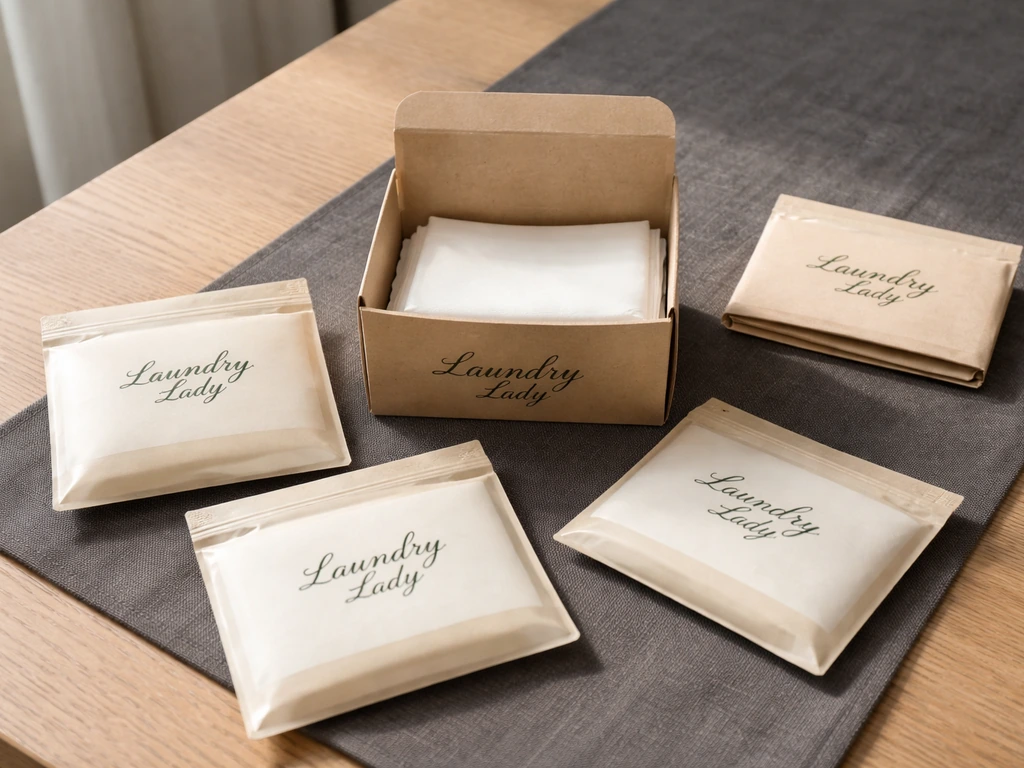 Detergent sheet pouches and an open box on a table, with neatly stacked laundry sheets in focus.