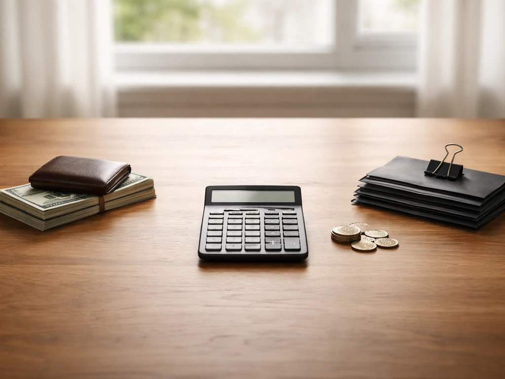 Minimal photo of a desk with a closed notebook, calculator, and scattered money symbols suggesting assets minus liabilit