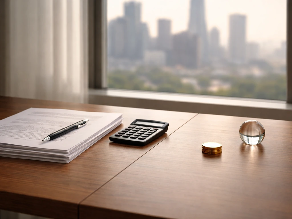 Anonymous CEO compensation concept with a split desk setup: contract papers, calculator, and a glowing city view.