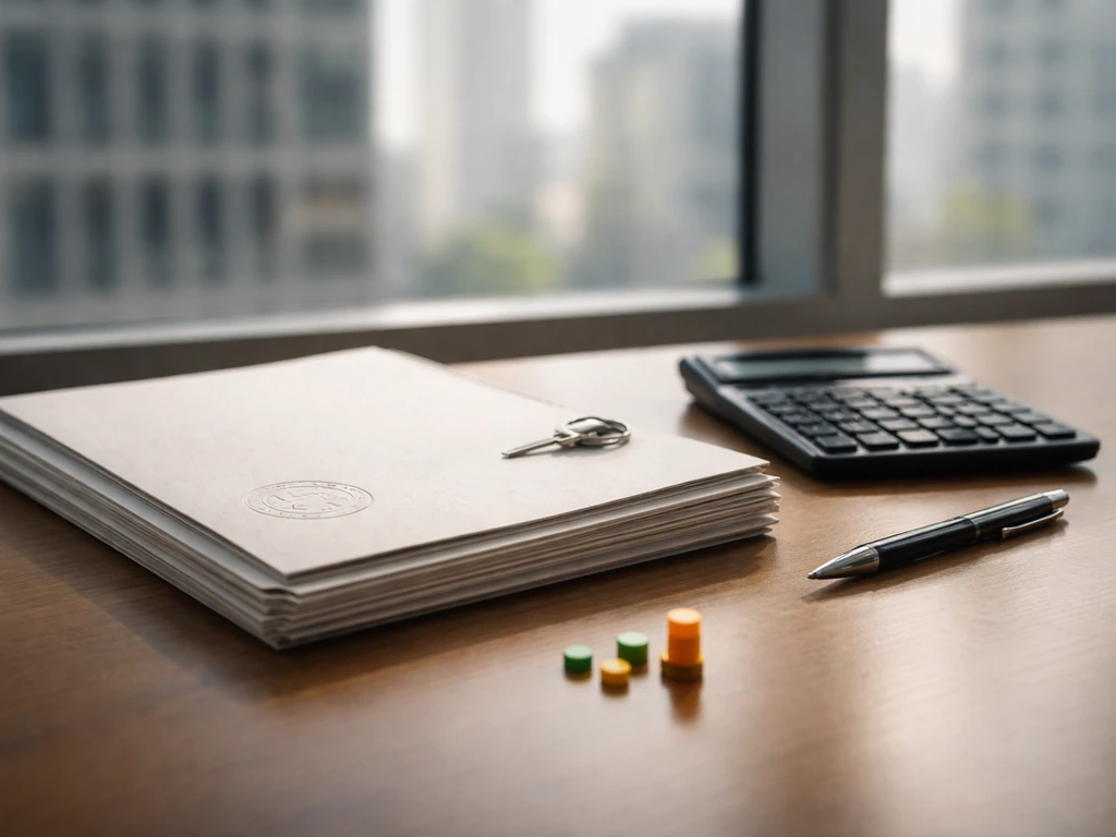 Close-up of a desk with a small equity certificate folder and a calculator, symbolizing stock awards