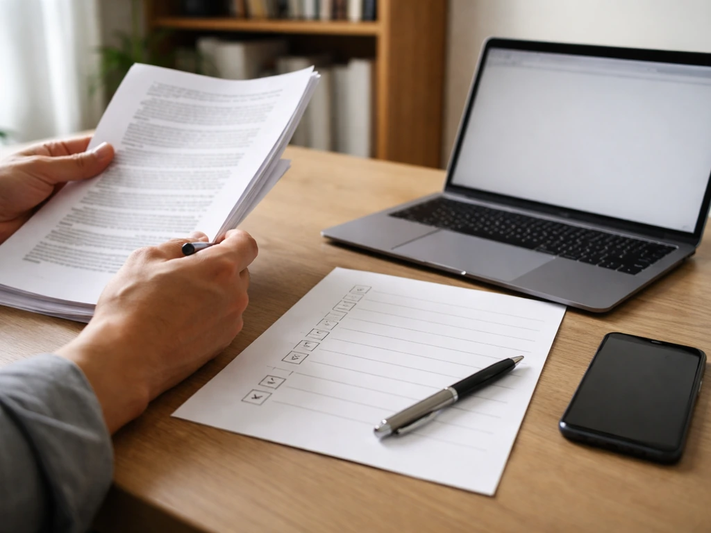 Person at a desk reviewing an SEC filing with a checklist-style workflow on paper, no text