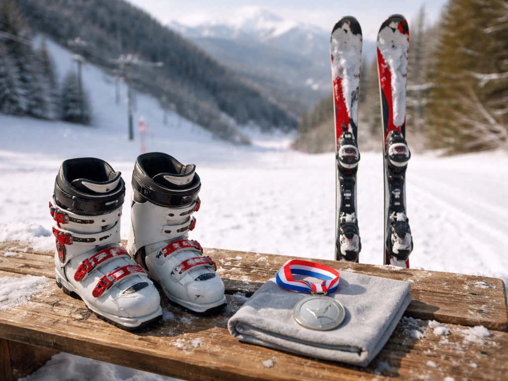 Snow race scene with skis and prize-like medal on a bench, evoking competition earnings.