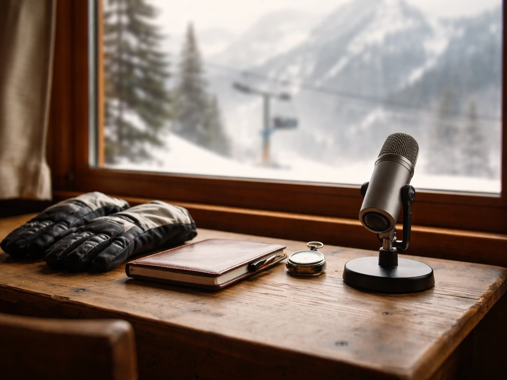 Minimal desk by a window with ski gear and a microphone, snowy mountains blurred outside.