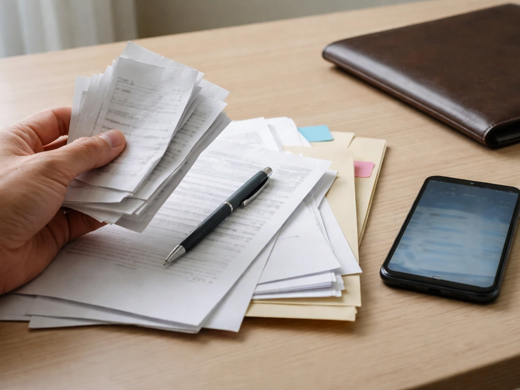 Minimal desk scene with neatly arranged documents and a smartphone showing finance research in progress.