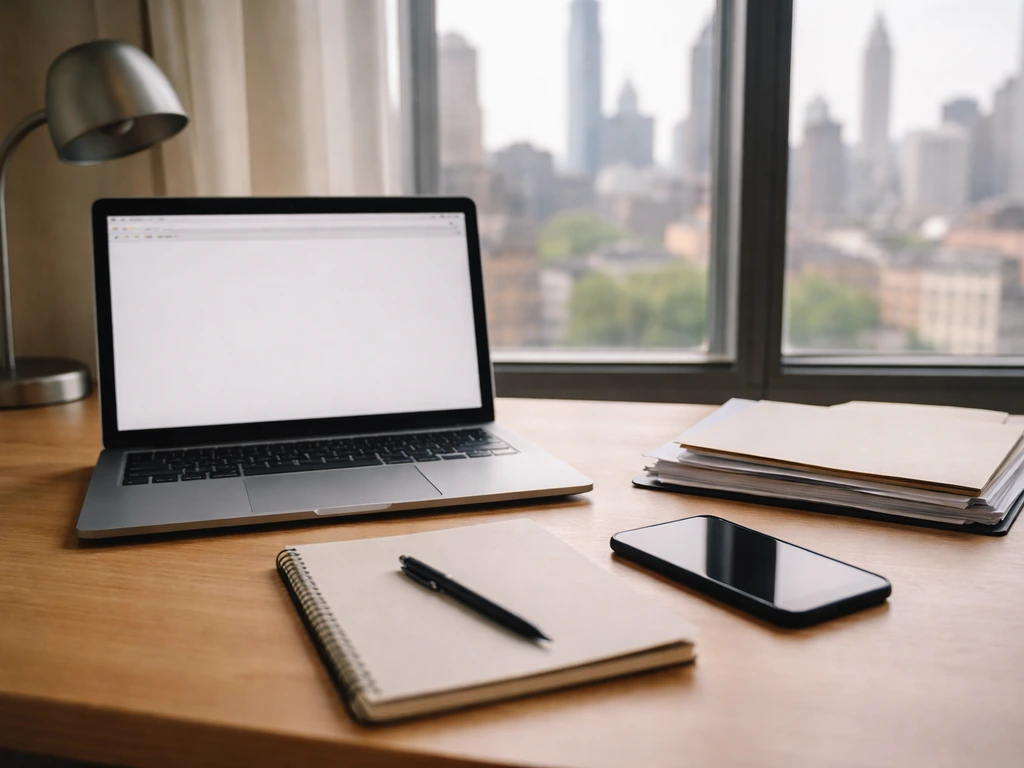 Minimal desk scene with laptop and documents suggesting verification of property and business records.