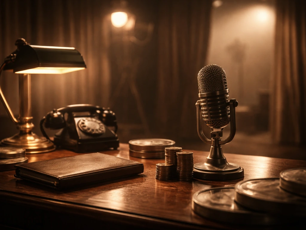 Vintage Hollywood studio desk with a microphone, coins, and film canisters, warm light, no people.