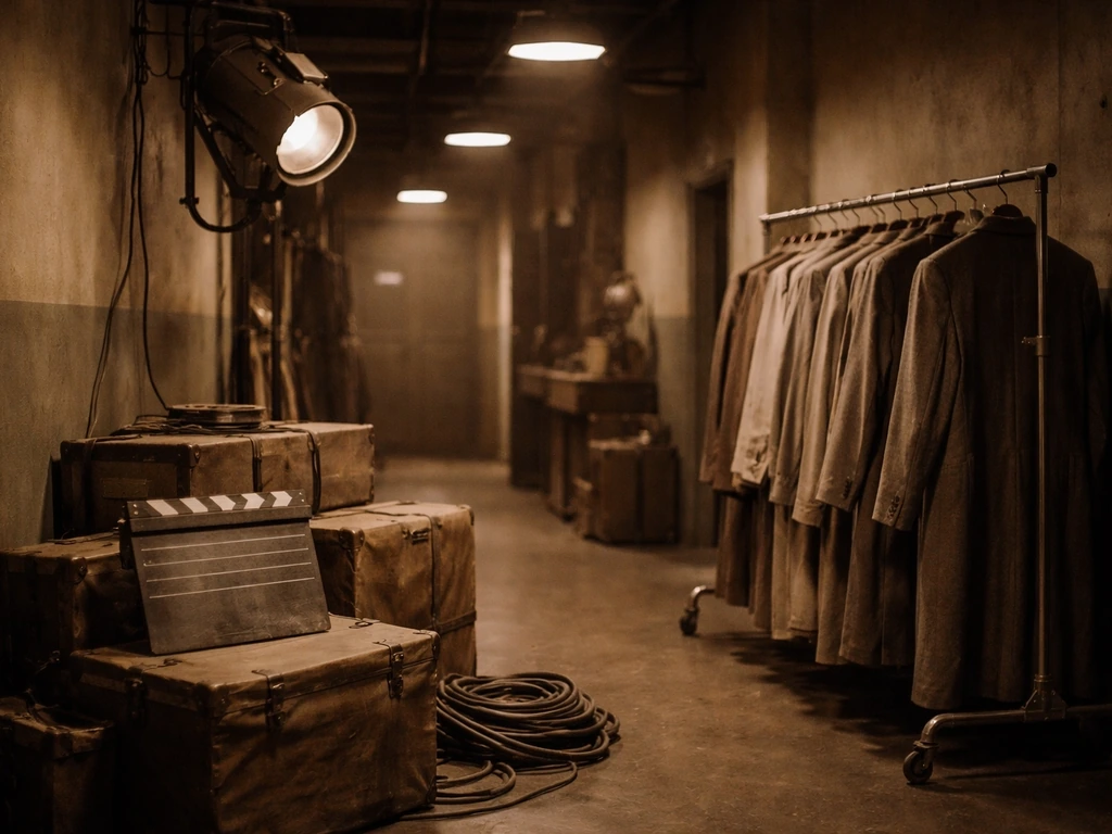 Vintage Hollywood studio corridor with film gear and empty wardrobe rack, archival-style mood
