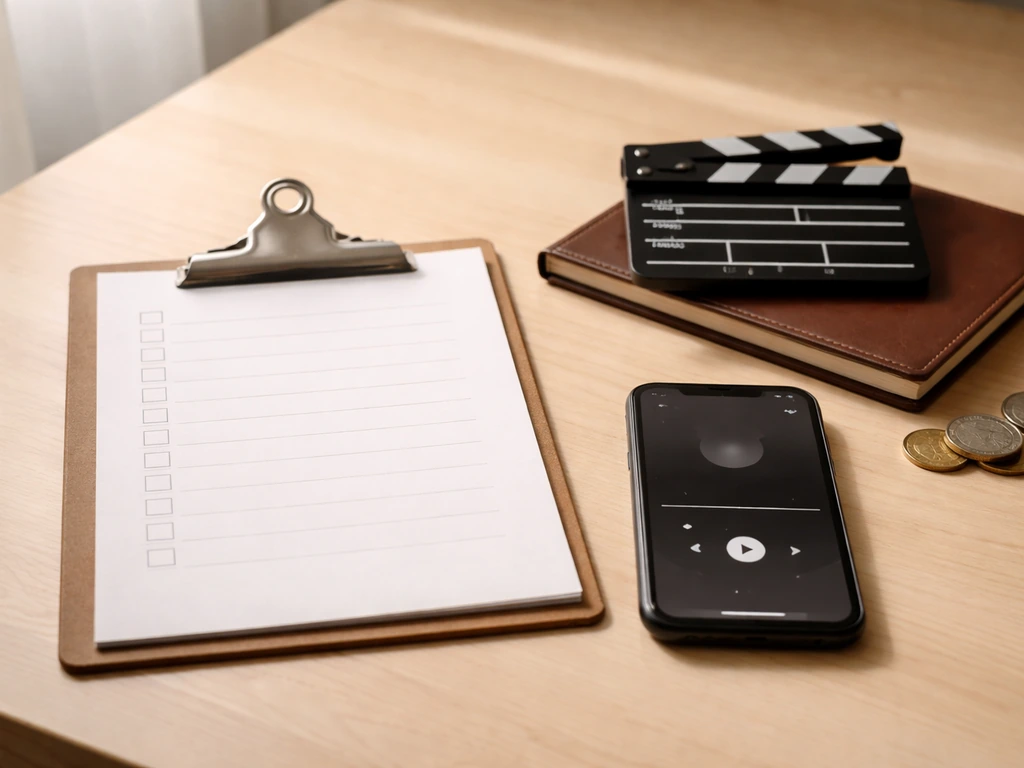 Minimal desk scene with a checklist clipboard and film clapper symbolizing a net-worth estimation workflow.