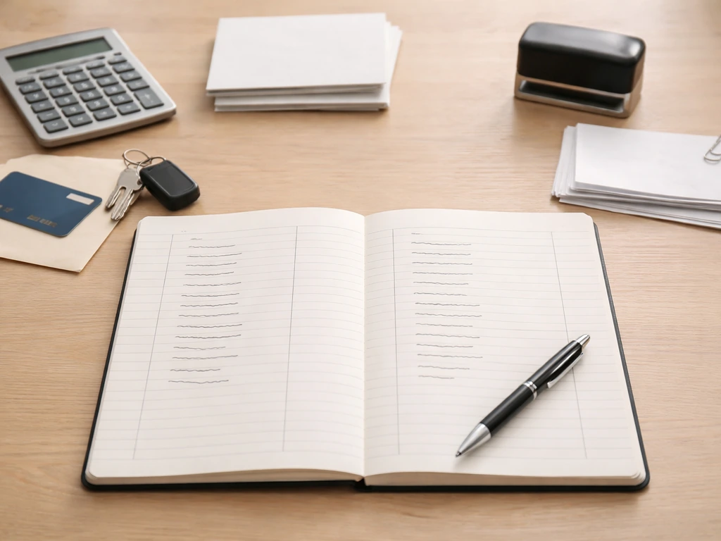 Minimal desk scene with open blank notebook, calculator, and objects suggesting assets vs liabilities.