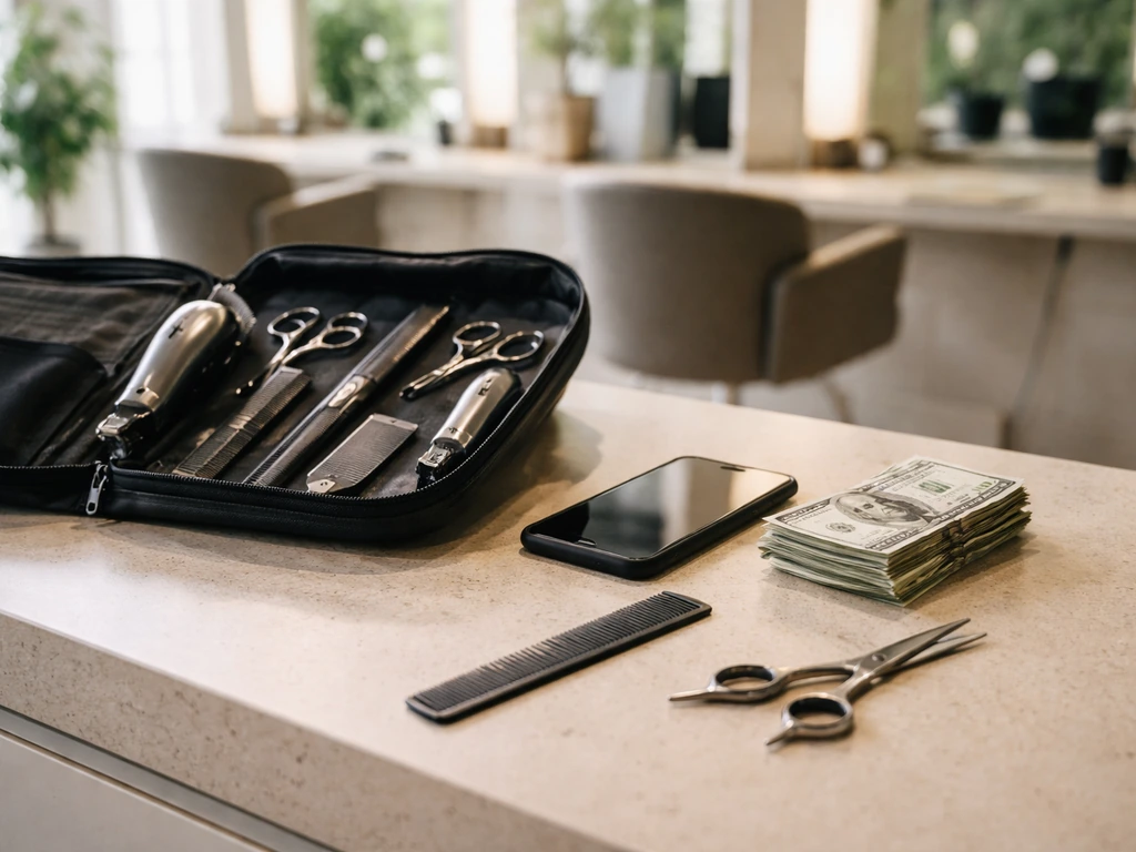 An anonymous beauty studio workstation with tools and a small stack of cash, suggesting earnings calculation.