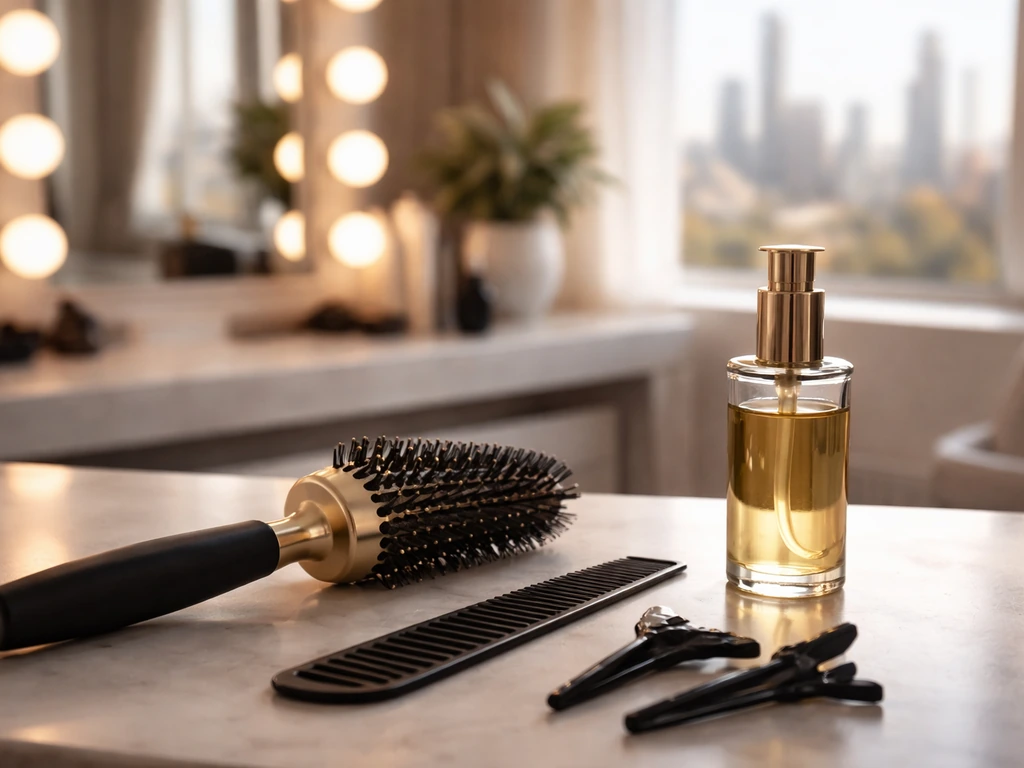 Unidentifiable hair-styling workspace with brushes and vanity mirror, warm light, subtle luxury lifestyle vibe.