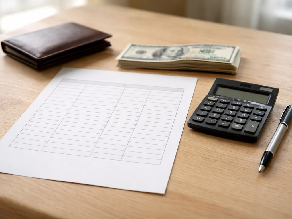 Minimal desk scene with a blank worksheet, calculator, and scattered cash representing assets minus liabilities.