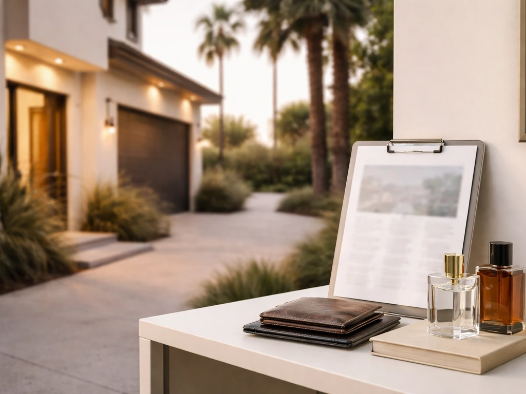 Upscale home facade beside a generic listing mockup and luxury items on an entryway table.