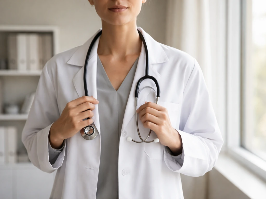 Anonymous nonprofit healthcare executive in a calm office, holding a stethoscope near a window at daytime