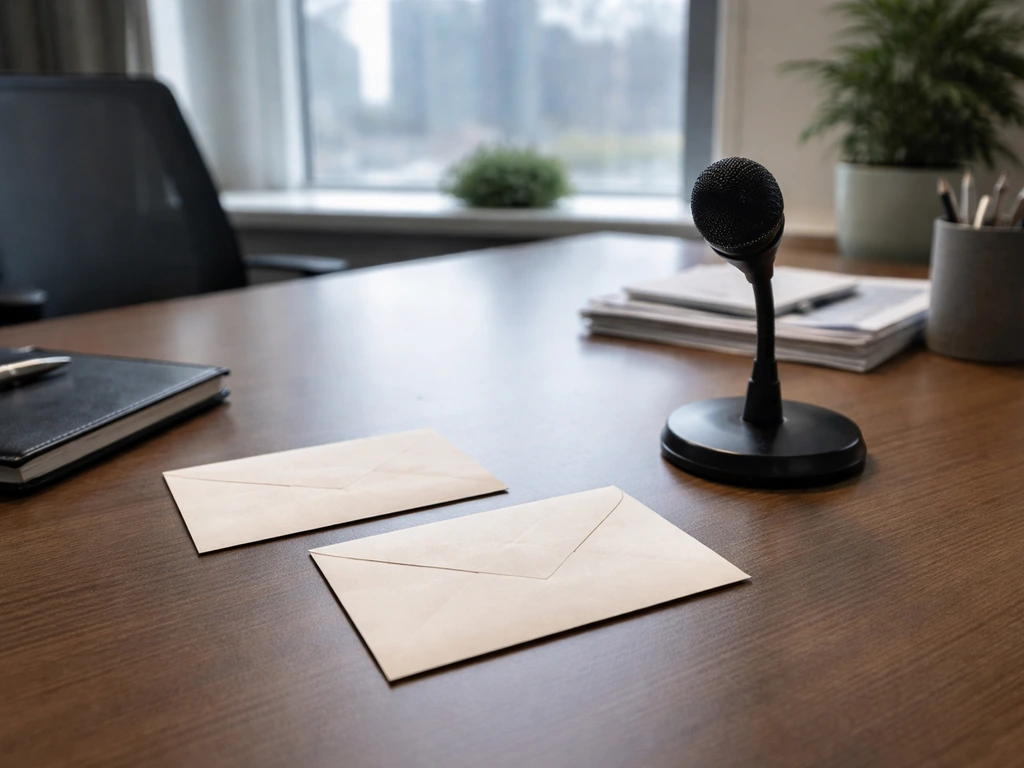 Nonprofit executive workstation with two envelopes and a conference mic beside them