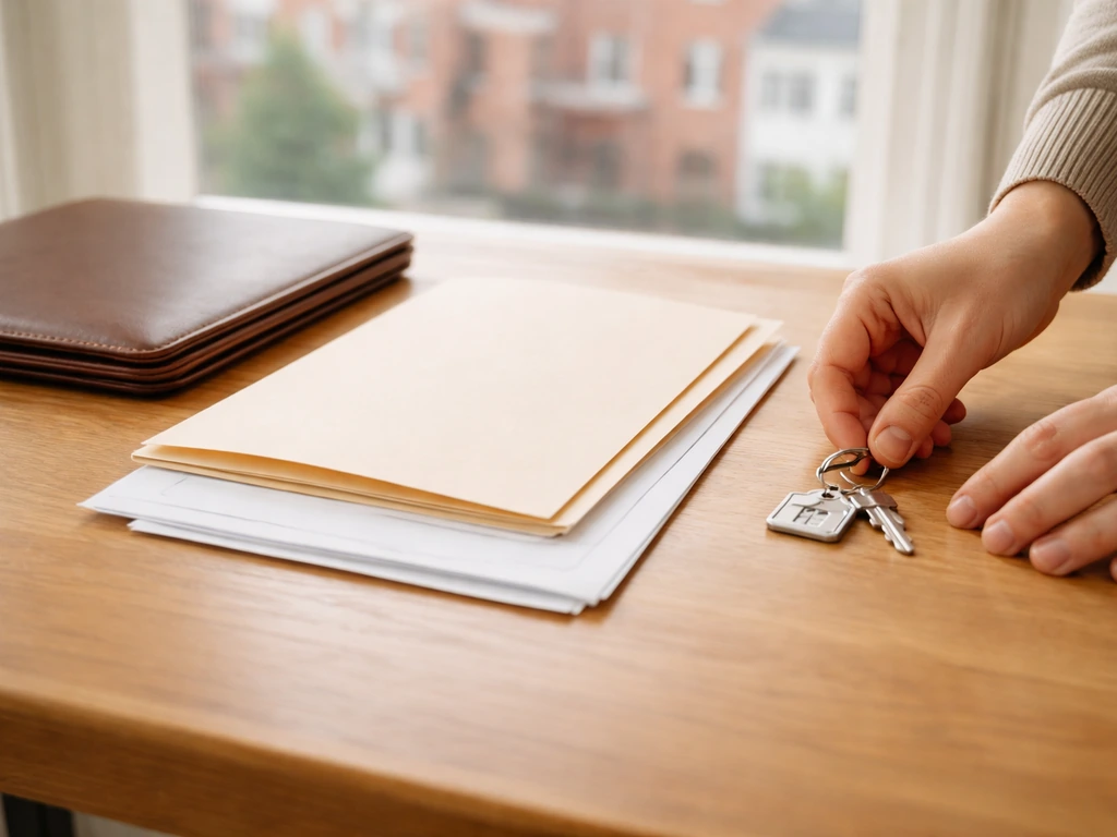 Minimal desk scene with a house key, neatly arranged documents, and a closed portfolio symbolizing assets.