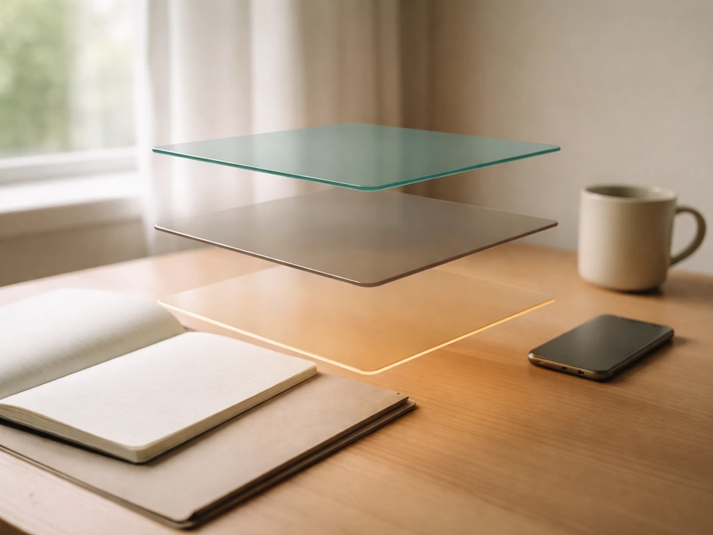 Minimal photo of three translucent income layers concept floating over a desk, symbolizing stacked earnings