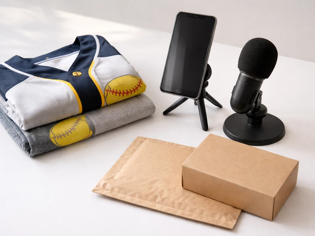 Minimal flat-lay of branded merch, a creator desk setup, and packaged goods representing brand deals and content revenue