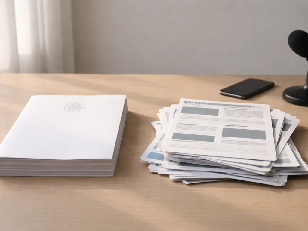 Minimal desk setup with official-looking documents beside generic web pages to suggest reliable vs unreliable sources.
