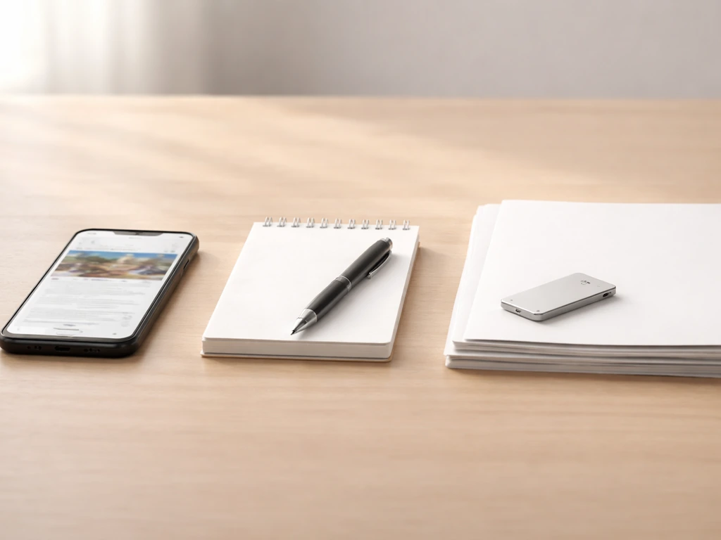 Minimal desk scene with phone, blank notepad, and documents arranged to suggest verifying an online estimate.