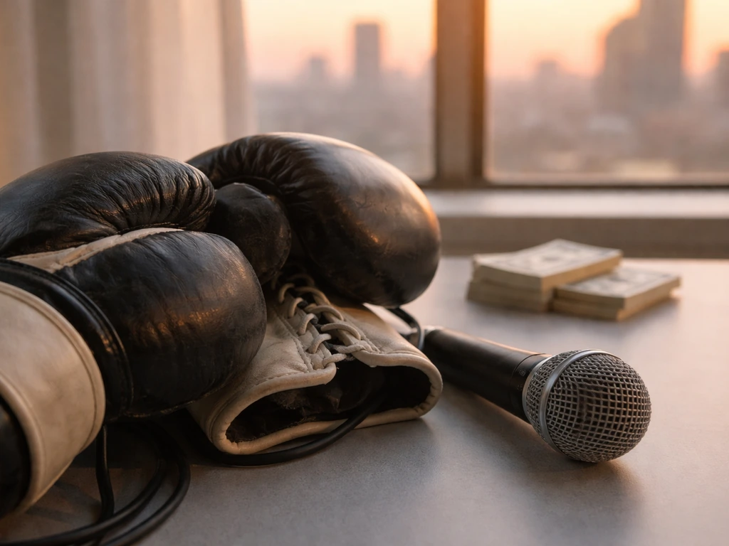 Boxing gloves and a microphone on a desk with cash-toned lighting, symbolizing career-backed net worth analysis
