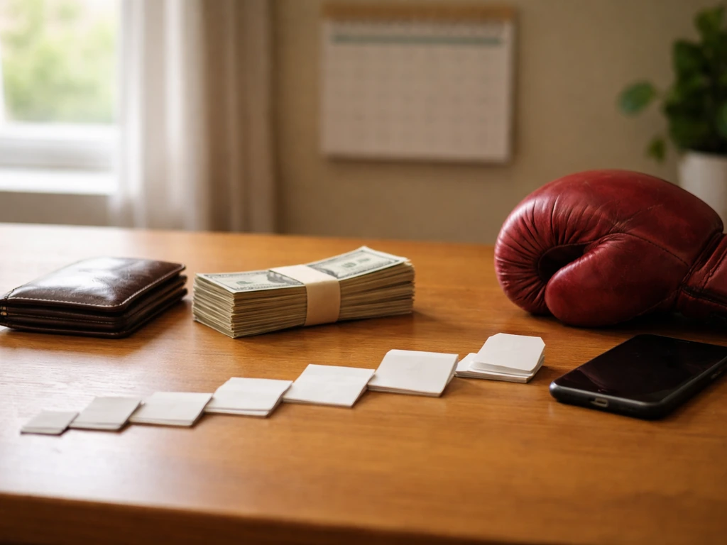 Minimal desk scene with cash, wallet, and a boxing glove suggesting growing fight earnings over time.