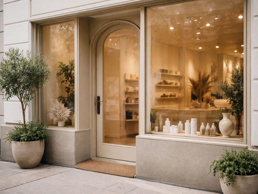 Close-up of a boutique beauty salon storefront facade with premium interior details and daylight reflections.