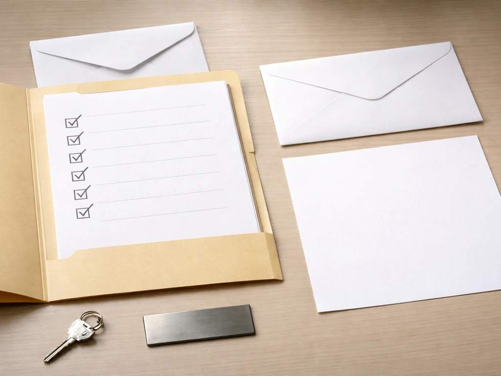 Minimal photo of a desk with a small folder labeled business address and a blank envelope side by side