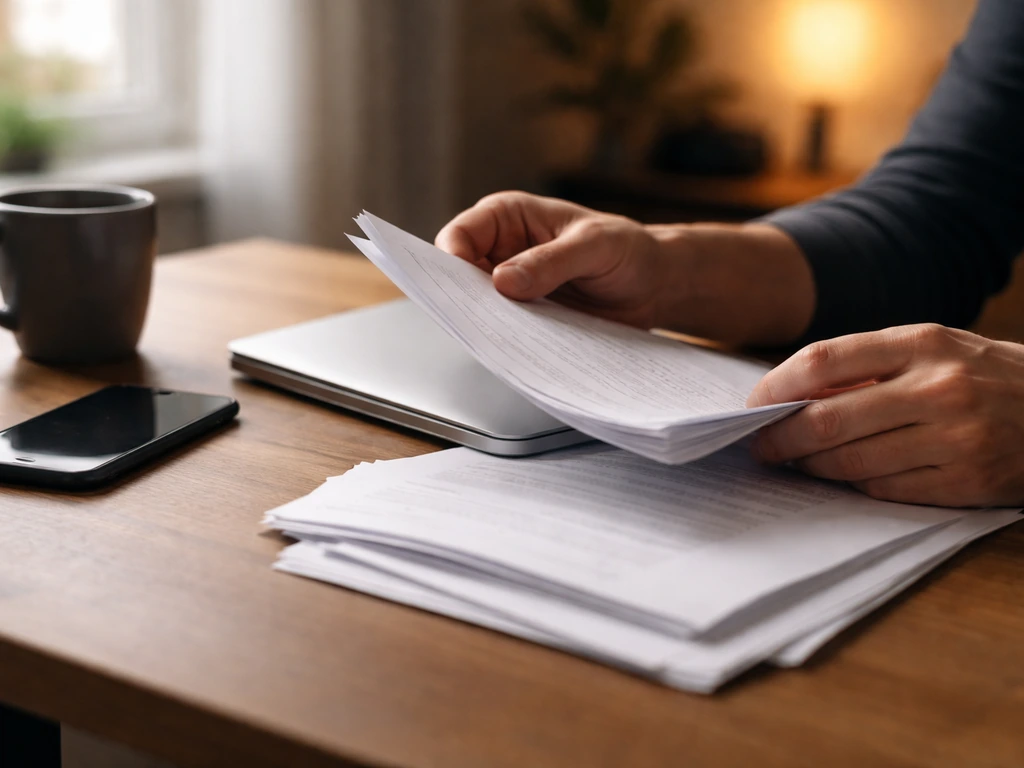 Anonymous hands organizing documents and a laptop on a quiet office desk for net worth research.