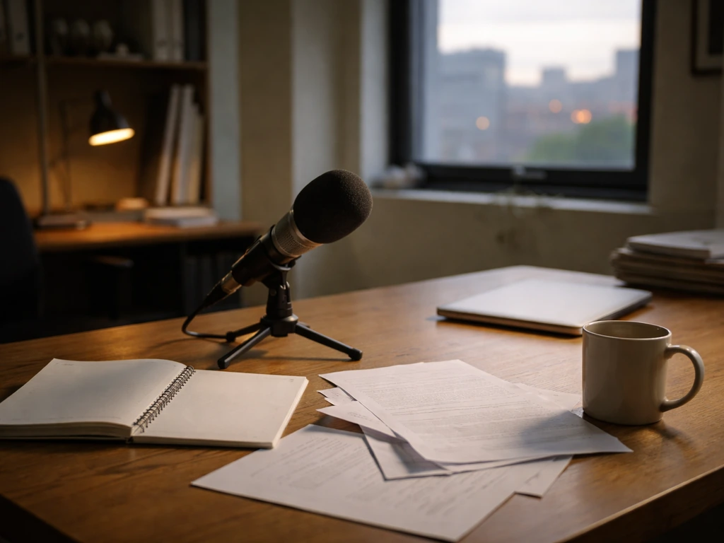 Empty newsroom desk with microphone and papers, evoking political journalism and author work.