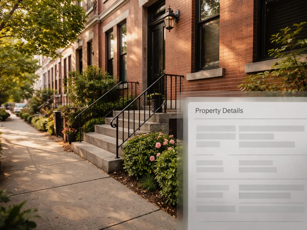 Washington, D.C. rowhouse exterior with a subtle, text-free property-record overlay suggesting address and ownership sig
