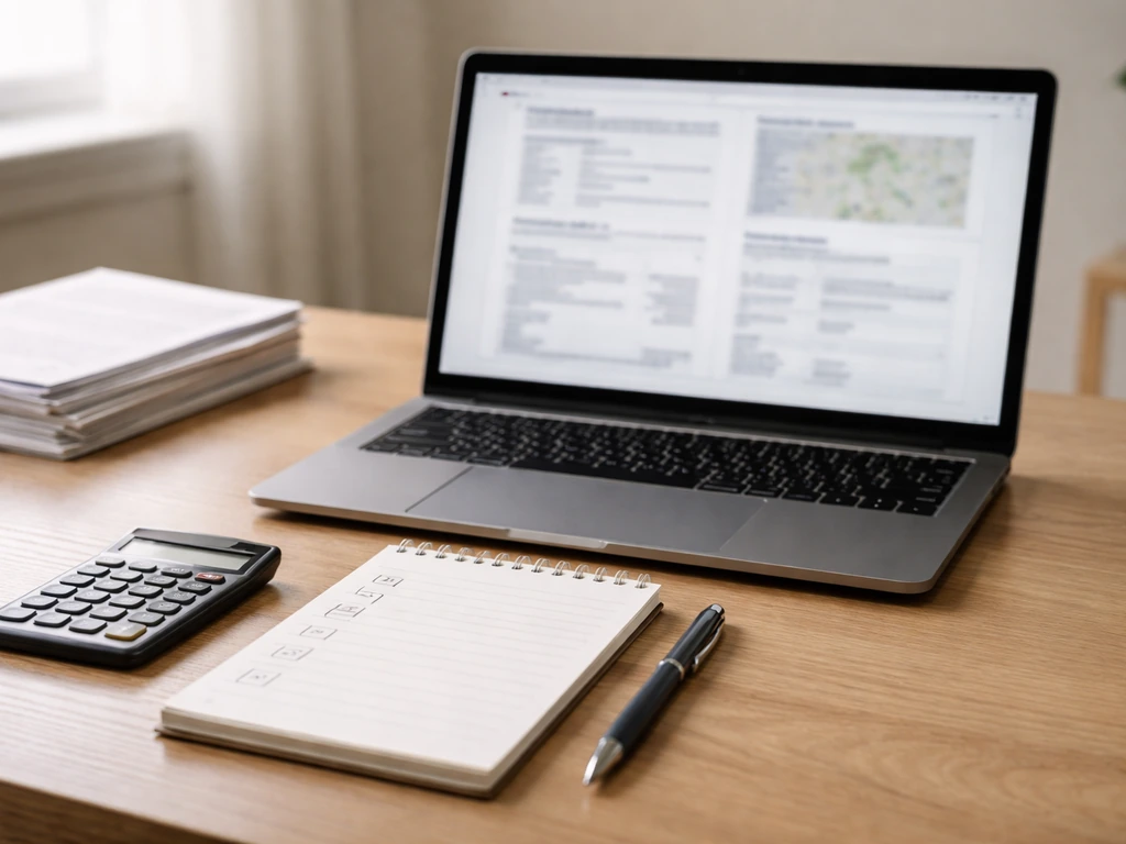 Laptop with blurred property pages beside a blank checklist notepad on a desk, natural light.