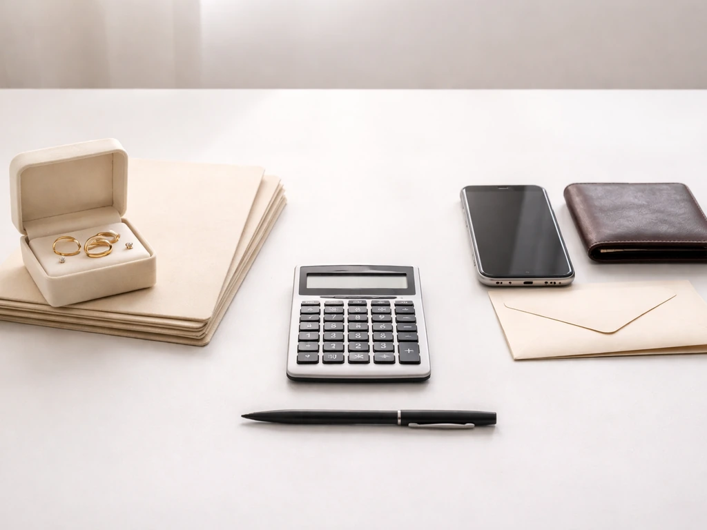 Desk scene with jewelry box and wallet beside a calculator, symbolizing assets vs liabilities.