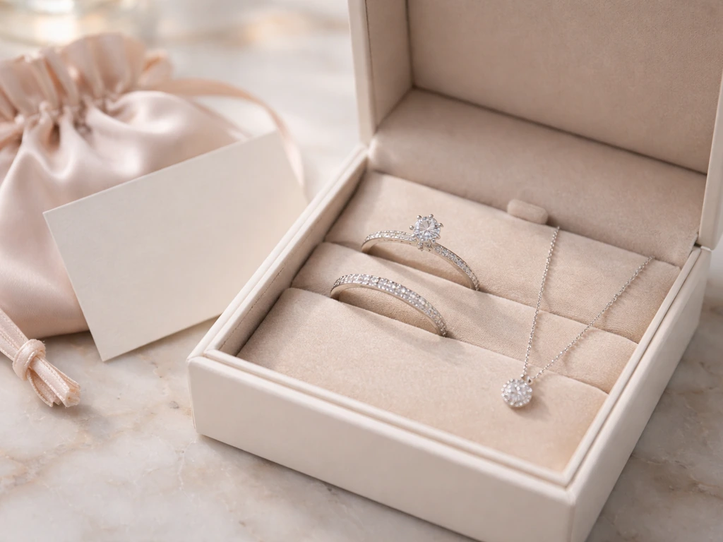 Sparkling rings and a delicate necklace arranged in an elegant open box on neutral fabric.