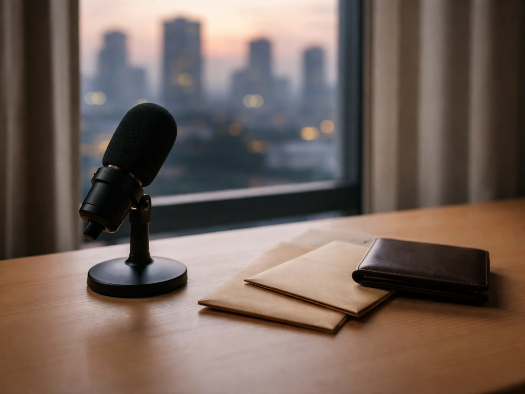 Minimal studio desk with a microphone, scattered cash envelopes, and a city skyline window view at dusk.