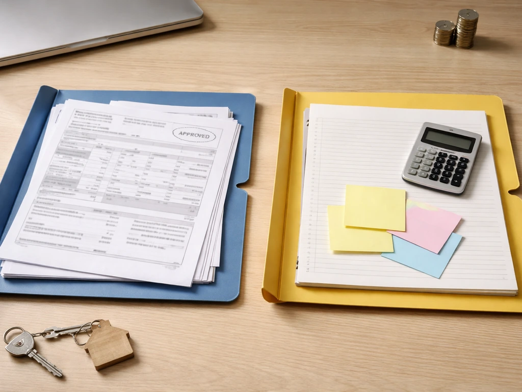 Minimal desk photo showing folders of verifiable papers and speculative notes, with real-estate symbols.