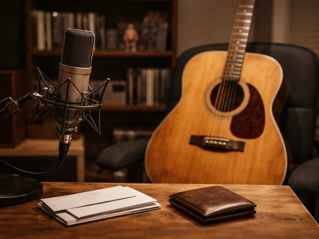 Empty recording studio desk with a microphone and a guitar, evoking music and wrestling lifestyle