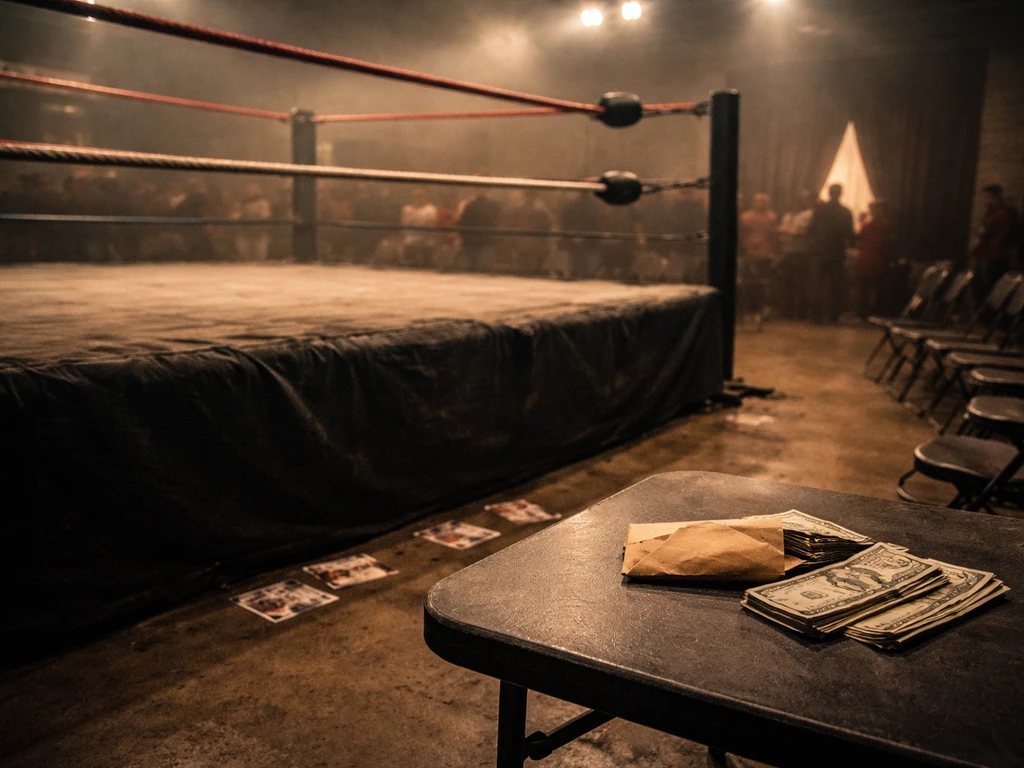 Crowd lit wrestling ring at a small indie event with scattered flyers and modest, moody ambiance