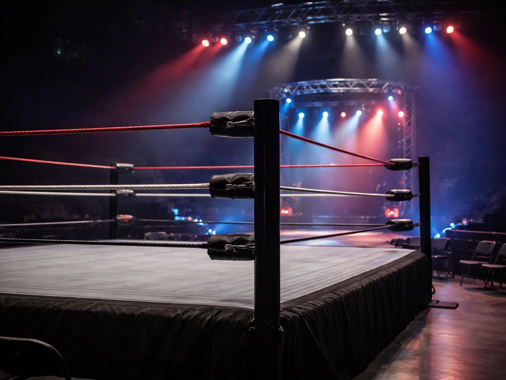 Empty wrestling ring in a softly lit arena with dramatic stage lighting glow, no people, no text.
