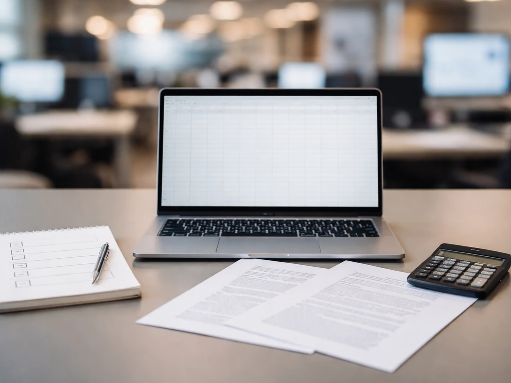 Open laptop beside a checklist, mixed with business documents and a small calculator on a desk.