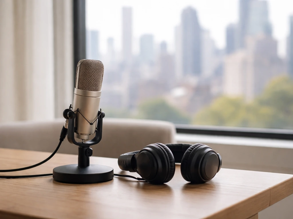 Modern recording studio desk with a microphone and headphones, city view through a window.
