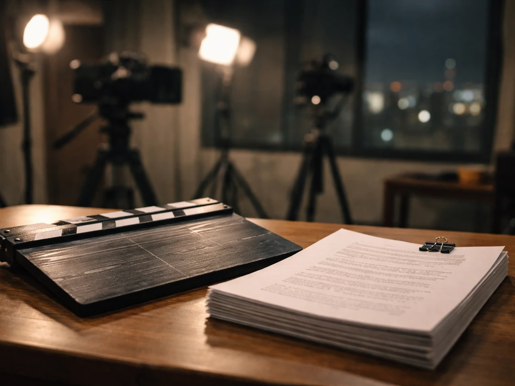 Film set scene with a production clapperboard, soft studio lighting, and blurred city lights outside