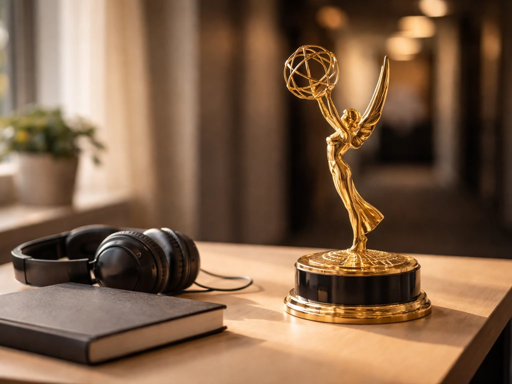 Minimal still of a studio desk with a gold Emmy-style trophy and soft natural light, symbolizing Emmy-winning success.