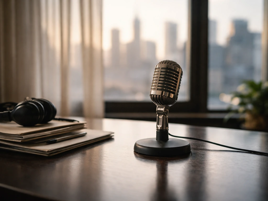 Minimal media studio desk with a microphone and headphones, softly lit window and blurred skyline behind