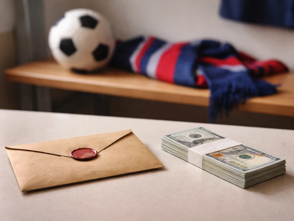 Minimal photo of a soccer training scene with a stamped contract envelope and money symbols