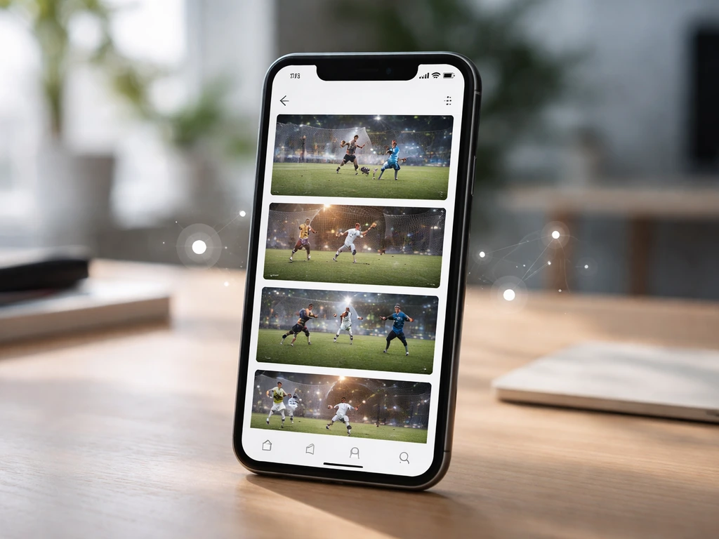 Close-up of a smartphone showing soccer-themed social media posts and subtle analytics-style glow on screen
